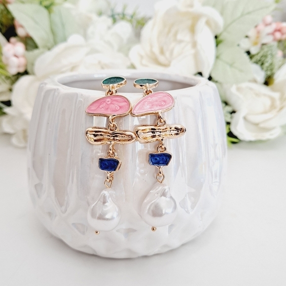 Gold Faux pearl earrings statement pink blue boho drop dainty party 💖2/$30 - Picture 9 of 10